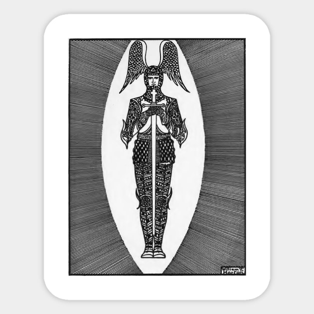 An antique etching of a knight holding a sword Sticker by mike11209